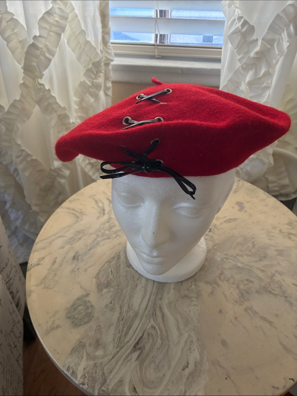 Nordstrom 100% Wool Beret Italy corset-style lace-up accent ribbon tie front